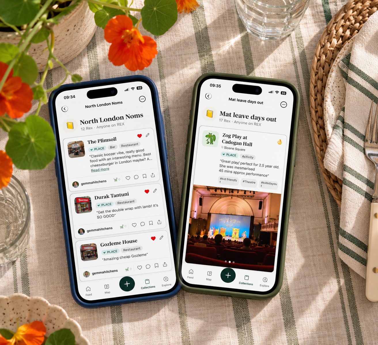 Two iPhones showing REX: a collection called North London Noms, and a list of days out.